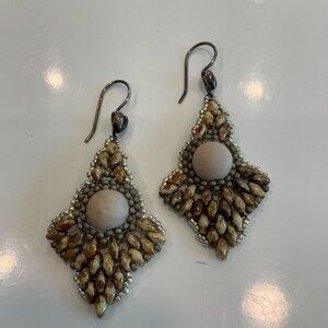 Lulii Blu, Hand Woven Sand Stone and Glass Beaded Earrings, 2"L x 1"W